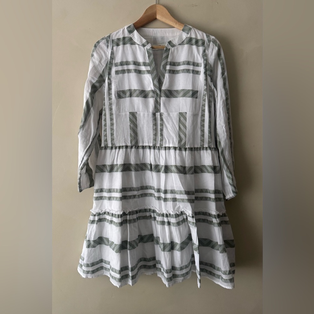 Vineyard Vines Breezy Tiered Jacquard Dress in Sage Olive/White XS 541